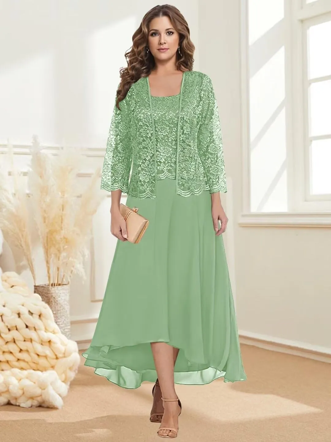 Mother of The Bride Dresses with Jacket 2 Pieces Chiffon Lace Appliques Formal Wedding Evening Gowns