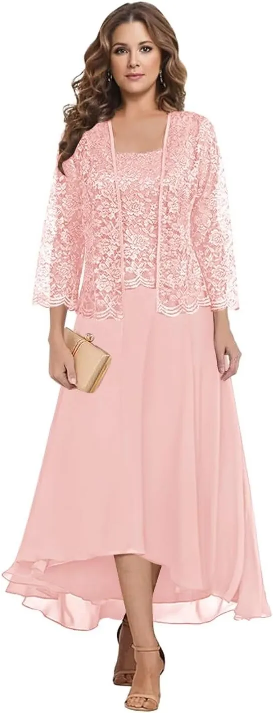 Mother of The Bride Dresses with Jacket 2 Pieces Chiffon Lace Appliques Formal Wedding Evening Gowns