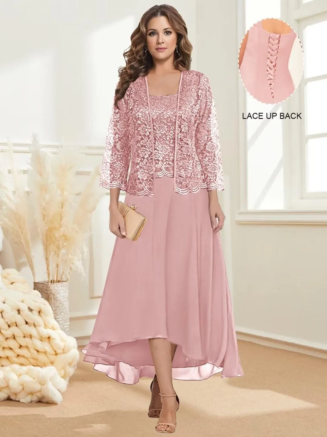 Mother of The Bride Dresses with Jacket 2 Pieces Chiffon Lace Appliques Formal Wedding Evening Gowns