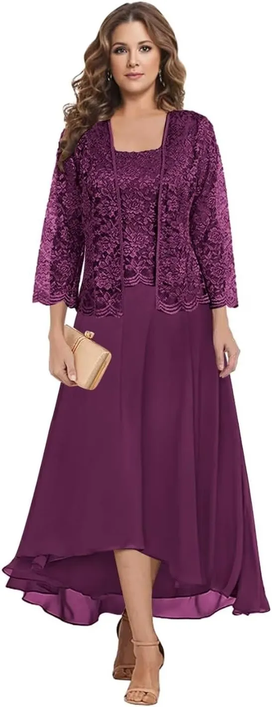 Mother of The Bride Dresses with Jacket 2 Pieces Chiffon Lace Appliques Formal Wedding Evening Gowns