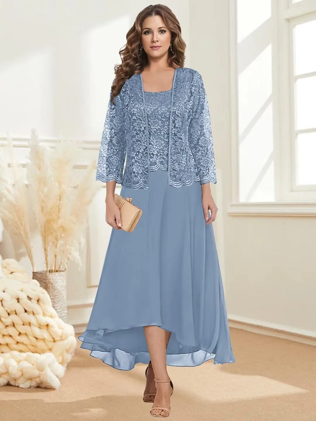 Mother of The Bride Dresses with Jacket 2 Pieces Chiffon Lace Appliques Formal Wedding Evening Gowns