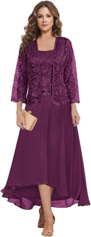 Mother of The Bride Dresses with Jacket 2 Pieces Chiffon Lace Appliques Formal Wedding Evening Gowns