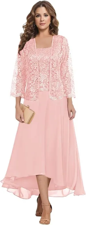 Mother of The Bride Dresses with Jacket 2 Pieces Chiffon Lace Appliques Formal Wedding Evening Gowns