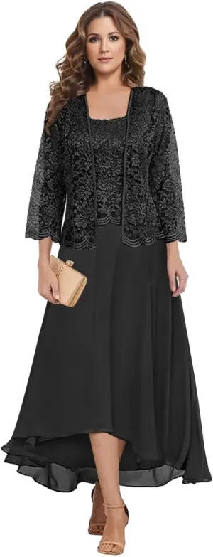 Mother of The Bride Dresses with Jacket 2 Pieces Chiffon Lace Appliques Formal Wedding Evening Gowns