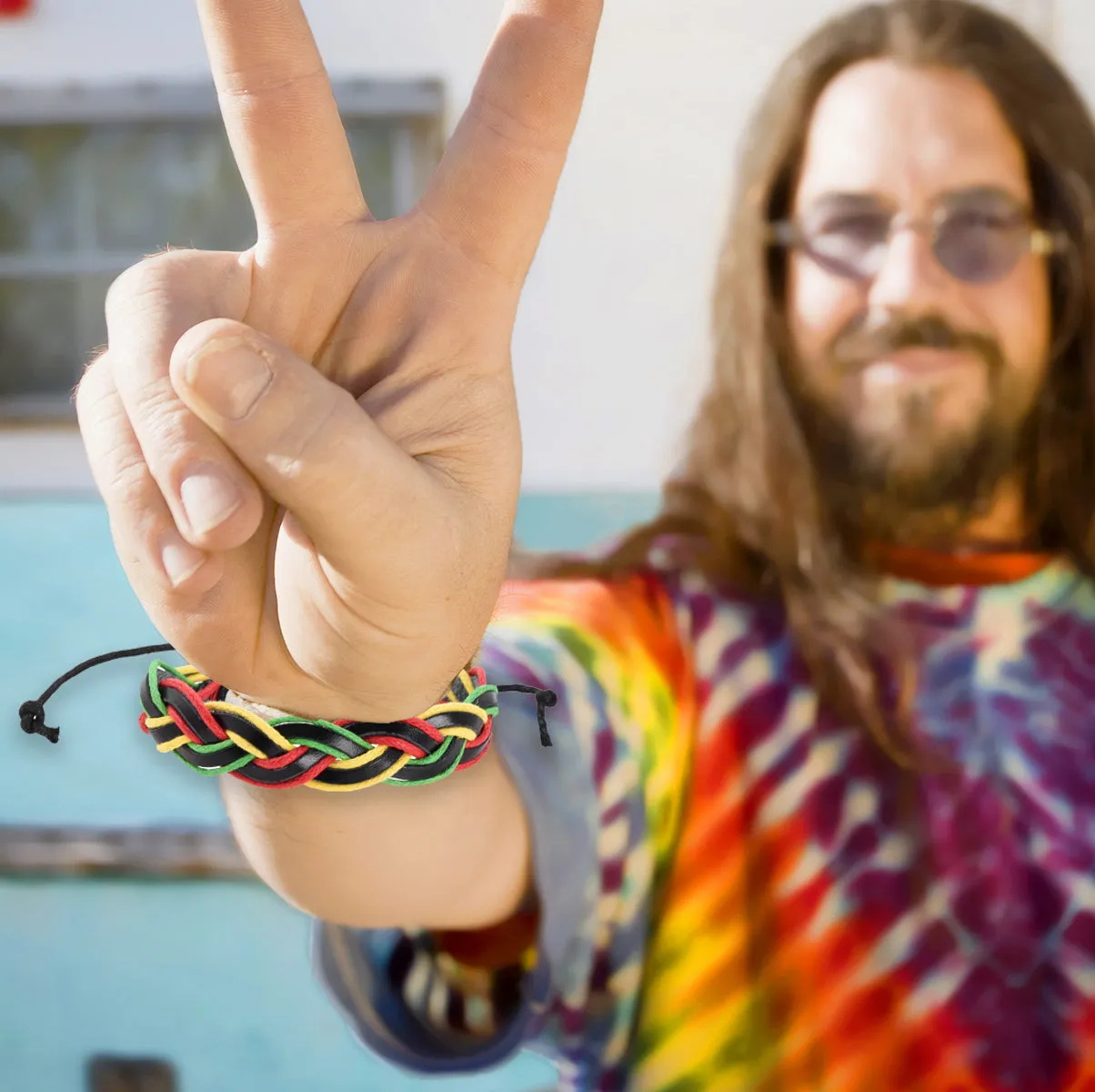 Mudra Crafts Leather Womens Mens Rasta Bracelet Set - Boho Mens Hippy Bracelet - Jamaican Reggae Bracelet Black Green Yellow Red Pattern Bohemian Hippie Wristband