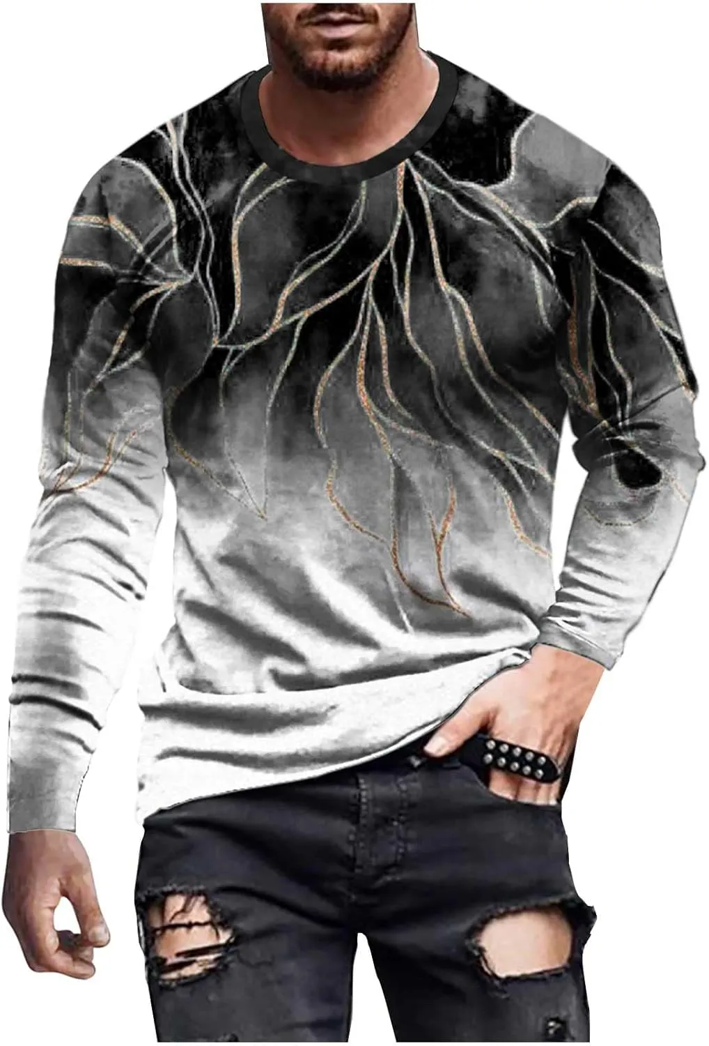 Muscularfit Mens Shirts Casual Big and Tall Long Sleeve Crewneck Sweatshirt Loose Marble Print Graphic Tee Shirt Fall Clothes