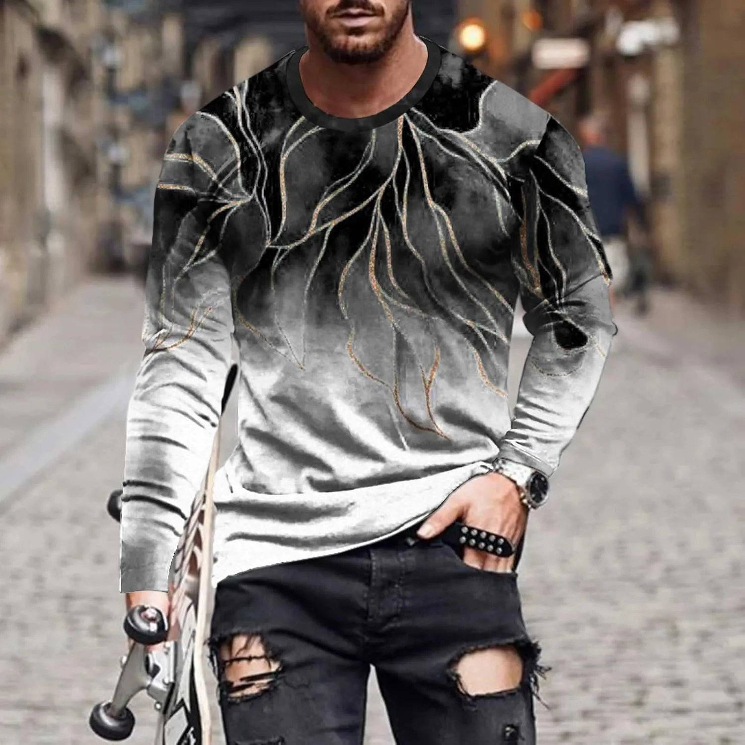 Muscularfit Mens Shirts Casual Big and Tall Long Sleeve Crewneck Sweatshirt Loose Marble Print Graphic Tee Shirt Fall Clothes