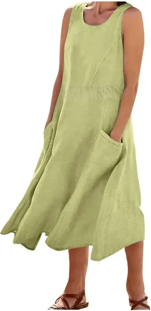Mzkdieey Maxi Dresses for Women Summer Crew Neck Sleeveless Long Beach Dresses Plain Casual Loose Sundress with Pockets