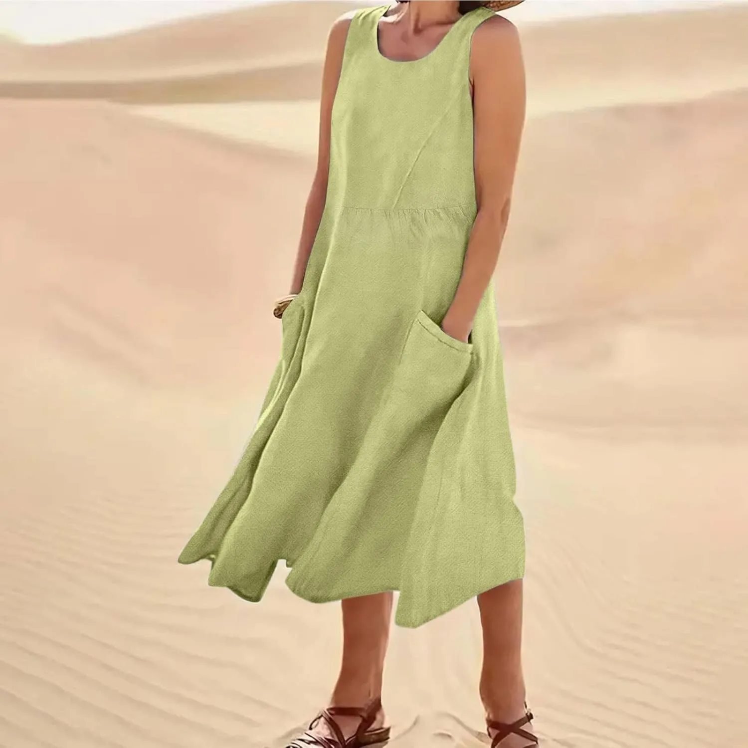 Mzkdieey Maxi Dresses for Women Summer Crew Neck Sleeveless Long Beach Dresses Plain Casual Loose Sundress with Pockets