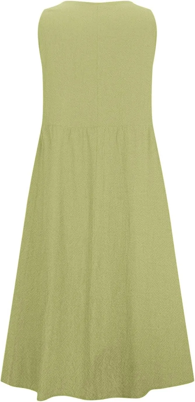 Mzkdieey Maxi Dresses for Women Summer Crew Neck Sleeveless Long Beach Dresses Plain Casual Loose Sundress with Pockets