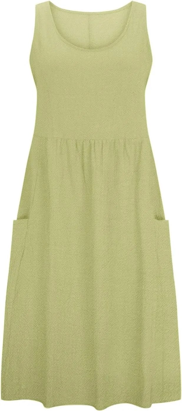 Mzkdieey Maxi Dresses for Women Summer Crew Neck Sleeveless Long Beach Dresses Plain Casual Loose Sundress with Pockets