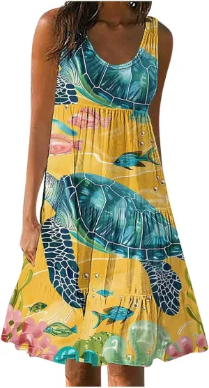 Mzkdieey Women Sea Turtle Print Beach Dresses Summer Casual Tiered Ruffle Hem Mini Dress Sleeveless Baggy Flowy Tank Dress