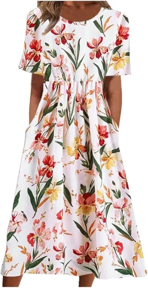 Mzkdieey Women's Summer Casual Loose Short Sleeve Long T Shirt Dress Boho Floral Maxi Beach Sundress Travel Vacation Outfits