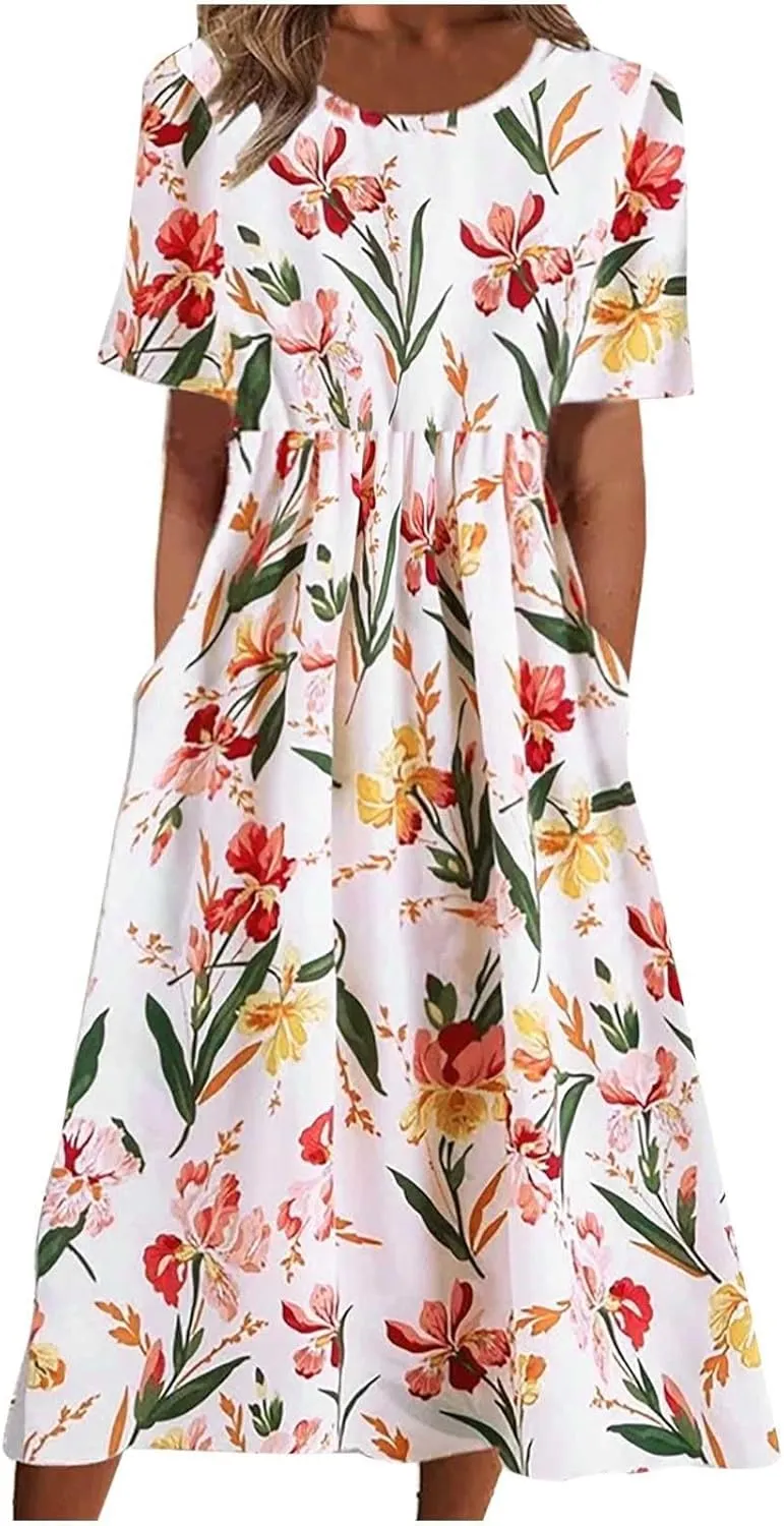 Mzkdieey Women's Summer Casual Loose Short Sleeve Long T Shirt Dress Boho Floral Maxi Beach Sundress Travel Vacation Outfits