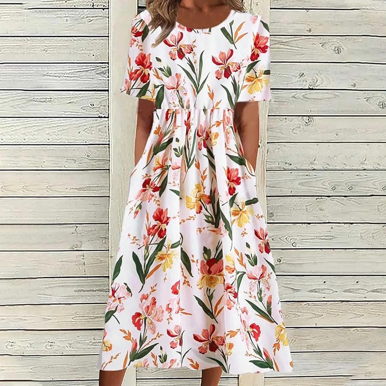 Mzkdieey Women's Summer Casual Loose Short Sleeve Long T Shirt Dress Boho Floral Maxi Beach Sundress Travel Vacation Outfits