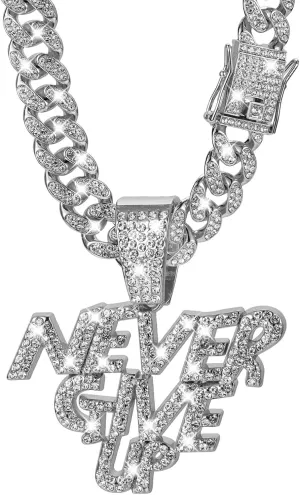 NEVER GIVE UP Hip-hop Cuban Chain, Rhinestone Pendant Necklace Jewelry For MenMen's Fashion Jewelry
