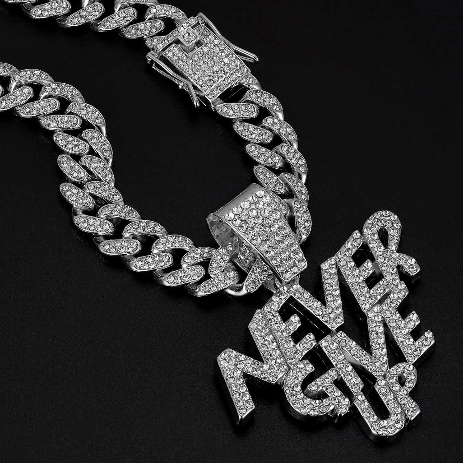 NEVER GIVE UP Hip-hop Cuban Chain, Rhinestone Pendant Necklace Jewelry For MenMen's Fashion Jewelry