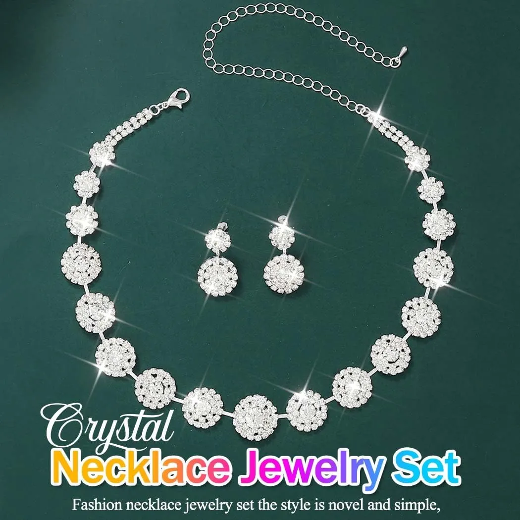 Nicute Rhinestone Wedding Jewelry Set Silver Bridal Necklace Earrings Sets Formal Costume Jewelry for Women