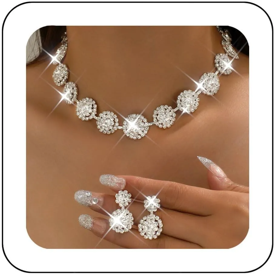 Nicute Rhinestone Wedding Jewelry Set Silver Bridal Necklace Earrings Sets Formal Costume Jewelry for Women