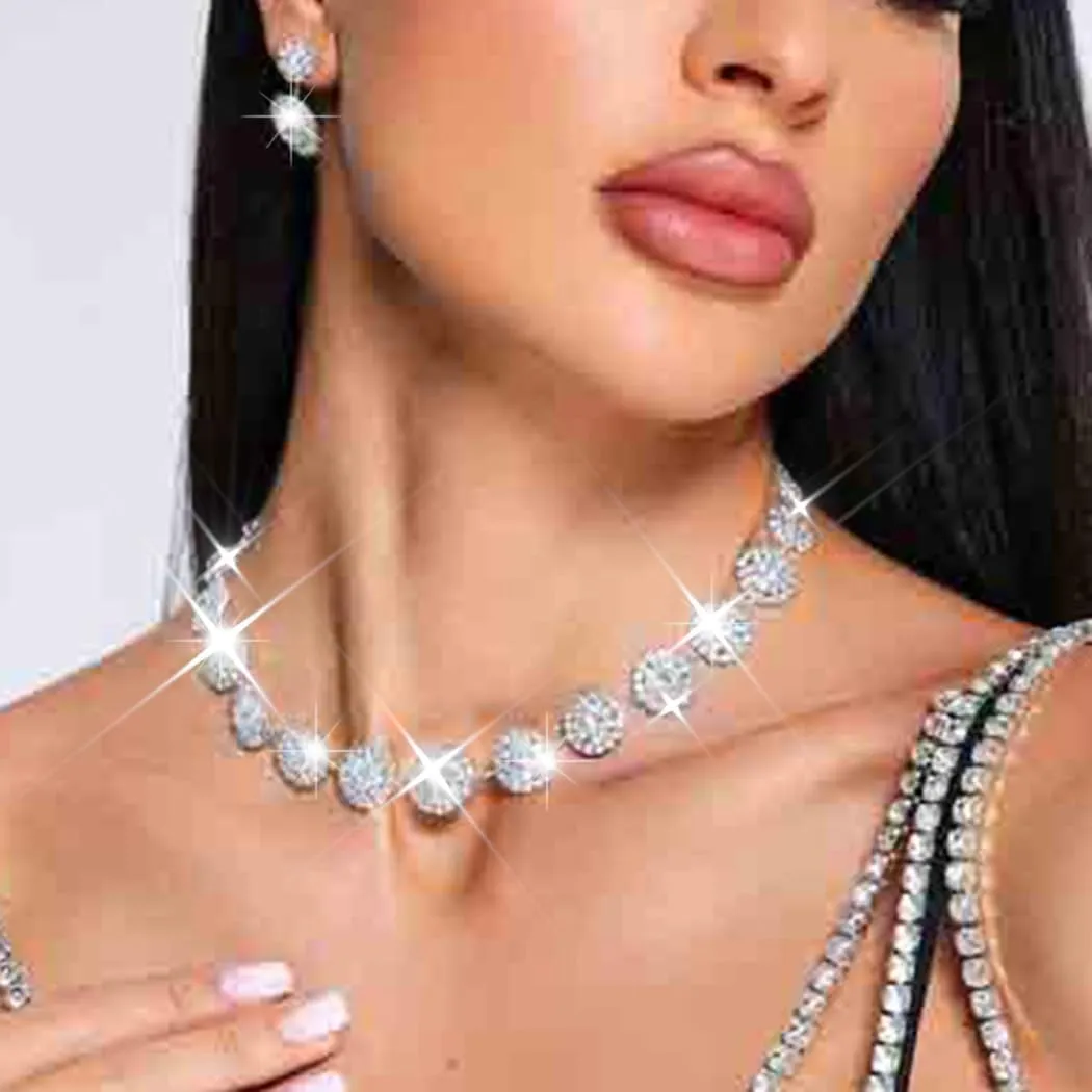 Nicute Rhinestone Wedding Jewelry Set Silver Bridal Necklace Earrings Sets Formal Costume Jewelry for Women