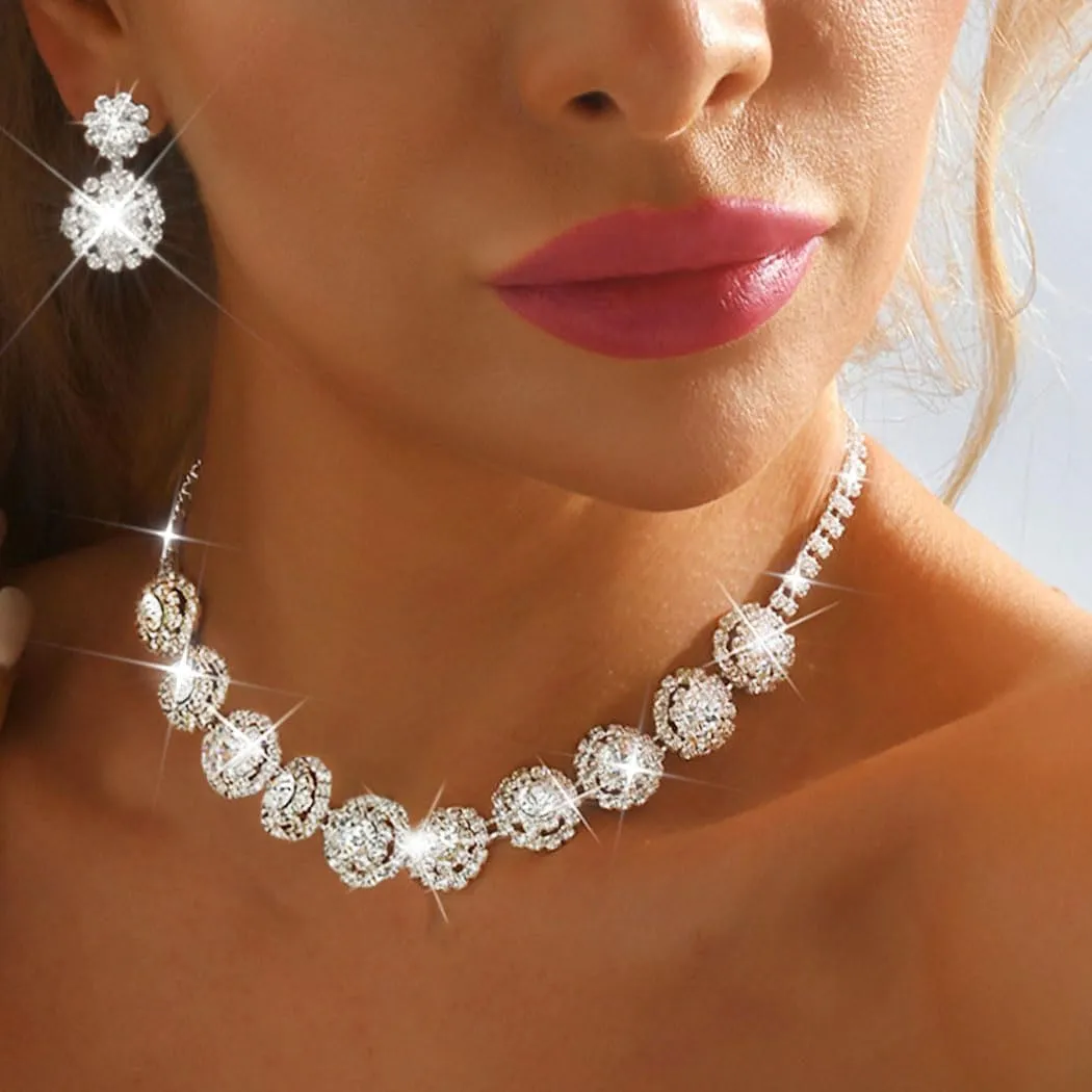 Nicute Rhinestone Wedding Jewelry Set Silver Bridal Necklace Earrings Sets Formal Costume Jewelry for Women
