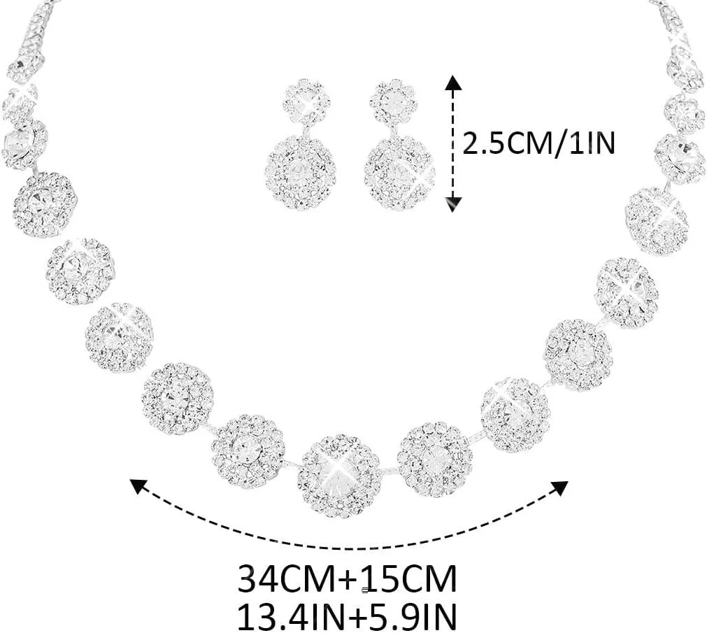 Nicute Rhinestone Wedding Jewelry Set Silver Bridal Necklace Earrings Sets Formal Costume Jewelry for Women