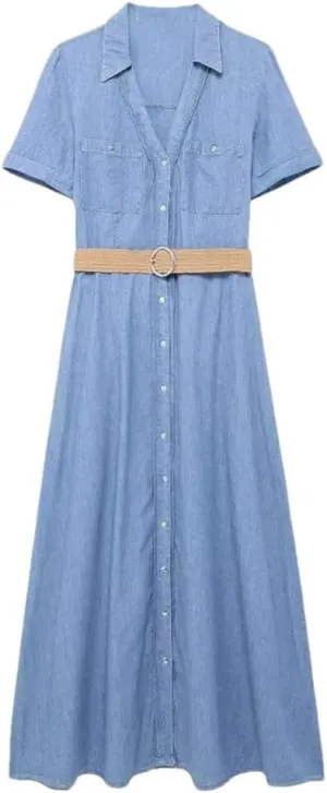 Niiyyjj Women's Casual V-Neck Midi Dress Shirt Style Short Sleeve Dress Belt Buckle Embellishment Dresses