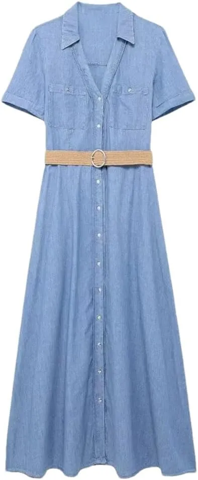 Niiyyjj Women's Casual V-Neck Midi Dress Shirt Style Short Sleeve Dress Belt Buckle Embellishment Dresses