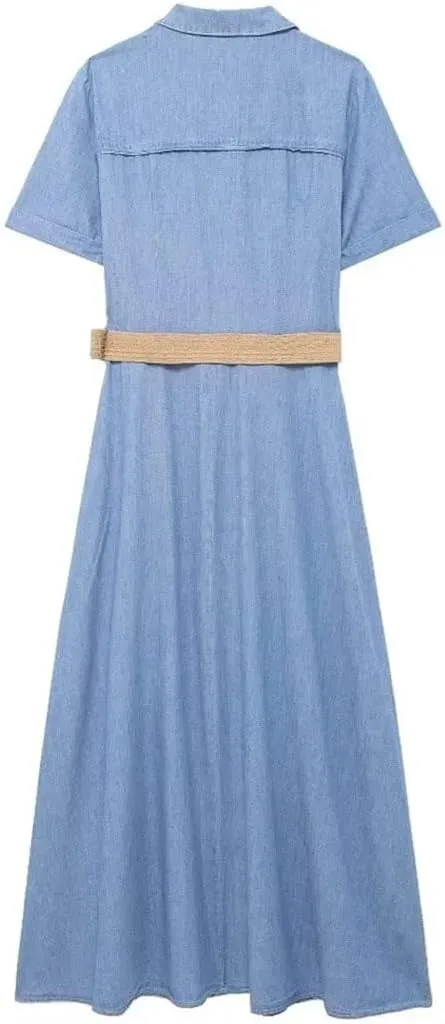 Niiyyjj Women's Casual V-Neck Midi Dress Shirt Style Short Sleeve Dress Belt Buckle Embellishment Dresses