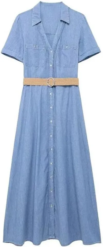 Niiyyjj Women's Casual V-Neck Midi Dress Shirt Style Short Sleeve Dress Belt Buckle Embellishment Dresses