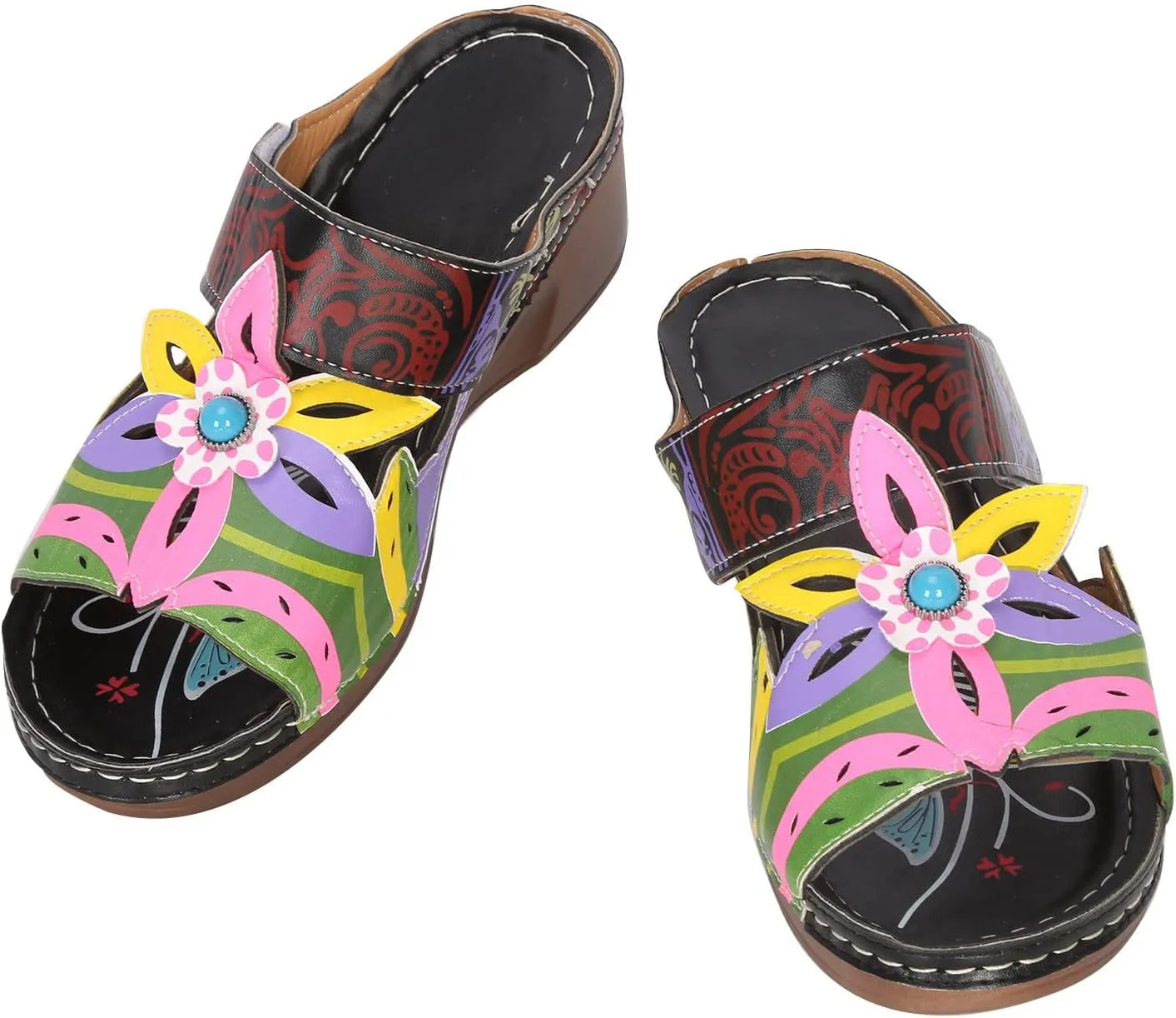 oiangi Womens Sandals 2023 Summer Wedge Orthopedic Sandals with Arch Support Comfy Slip on Flower Hollow Peep Toe Platform Slippers Boho Beach Shoes