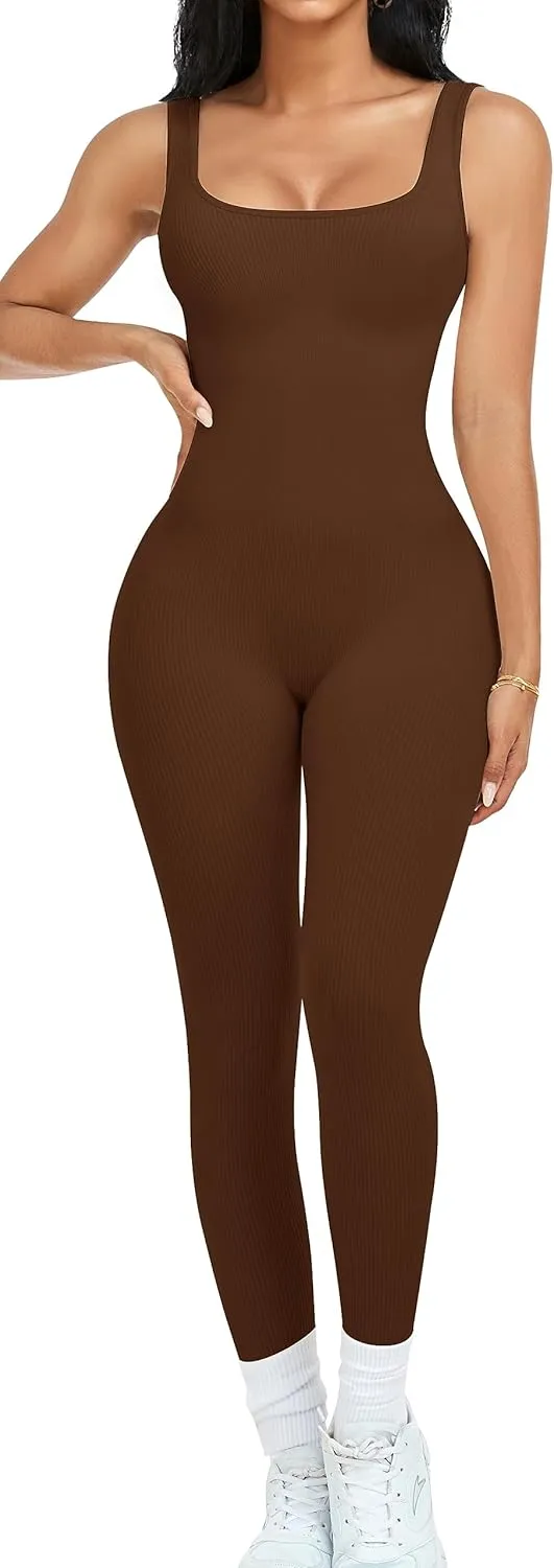 OLCHEE Womens Workout Rompers Jumpsuits Seamless Ribbed Yoga Gym One Piece Sleeveless Square Neck Tank Top Leggings Unitard