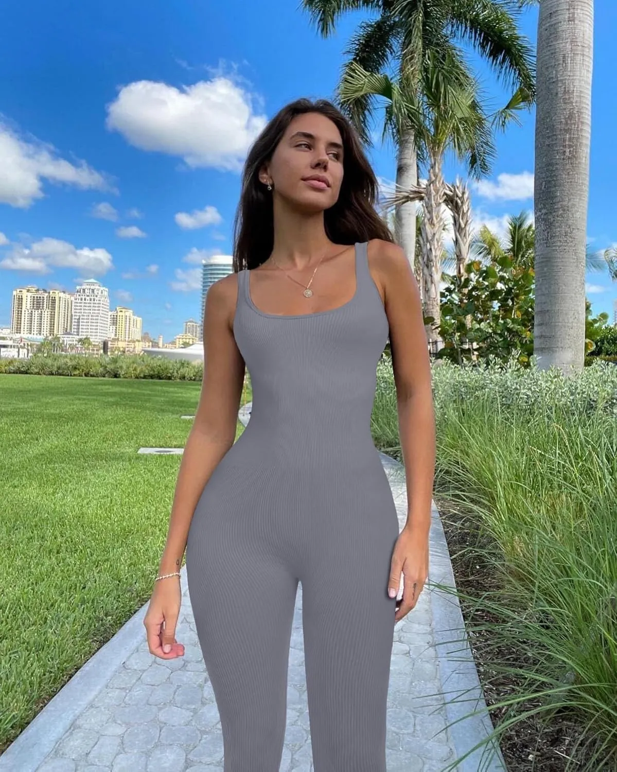 OLCHEE Womens Workout Rompers Jumpsuits Seamless Ribbed Yoga Gym One Piece Sleeveless Square Neck Tank Top Leggings Unitard
