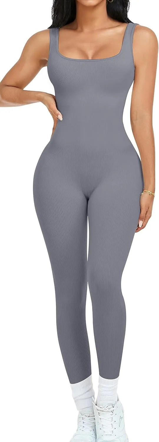 OLCHEE Womens Workout Rompers Jumpsuits Seamless Ribbed Yoga Gym One Piece Sleeveless Square Neck Tank Top Leggings Unitard