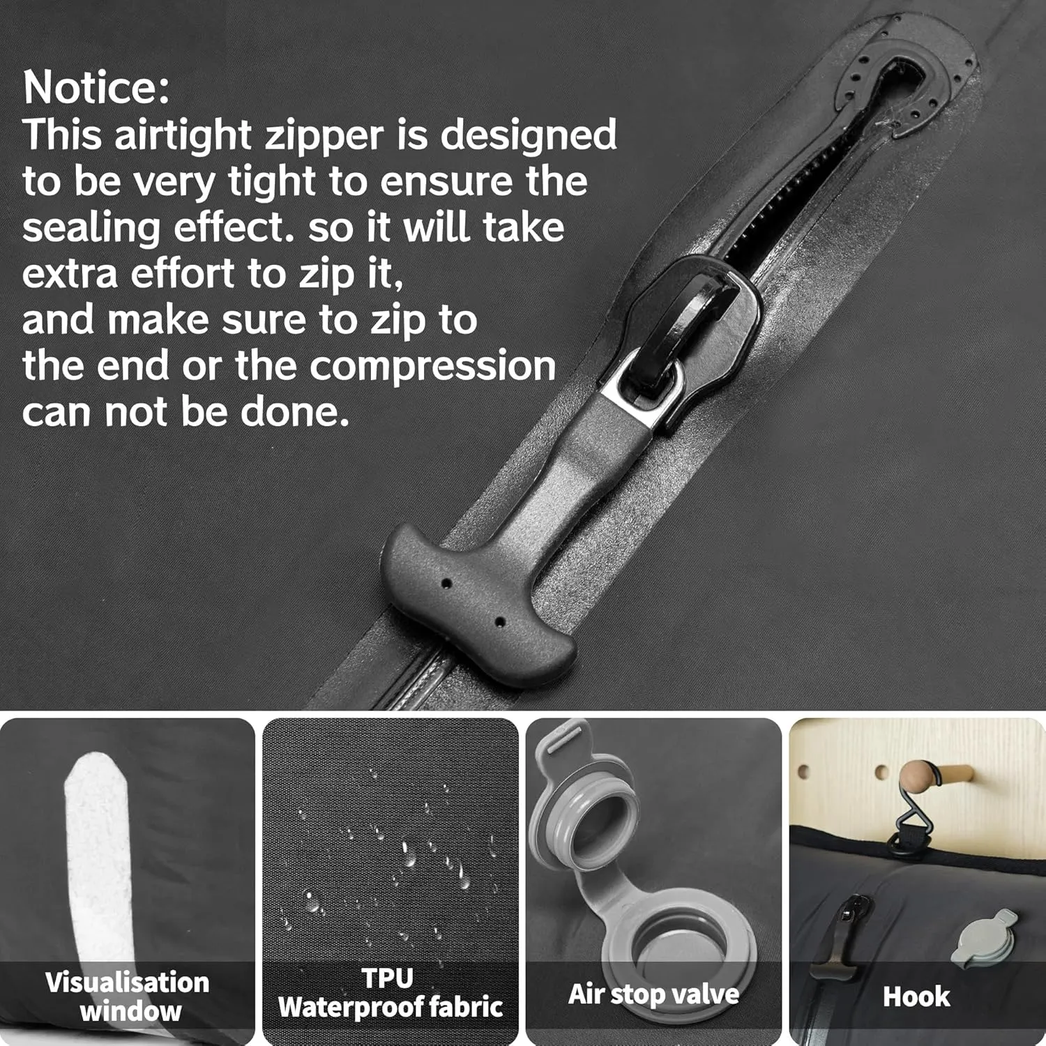 ONTYZZ Two Pack Dark Black Travel Vacuum Compression Bags Reusable Compression Bag with IP67 Waterproof Zipper Space Saver Vacuum Bags for Suitcase