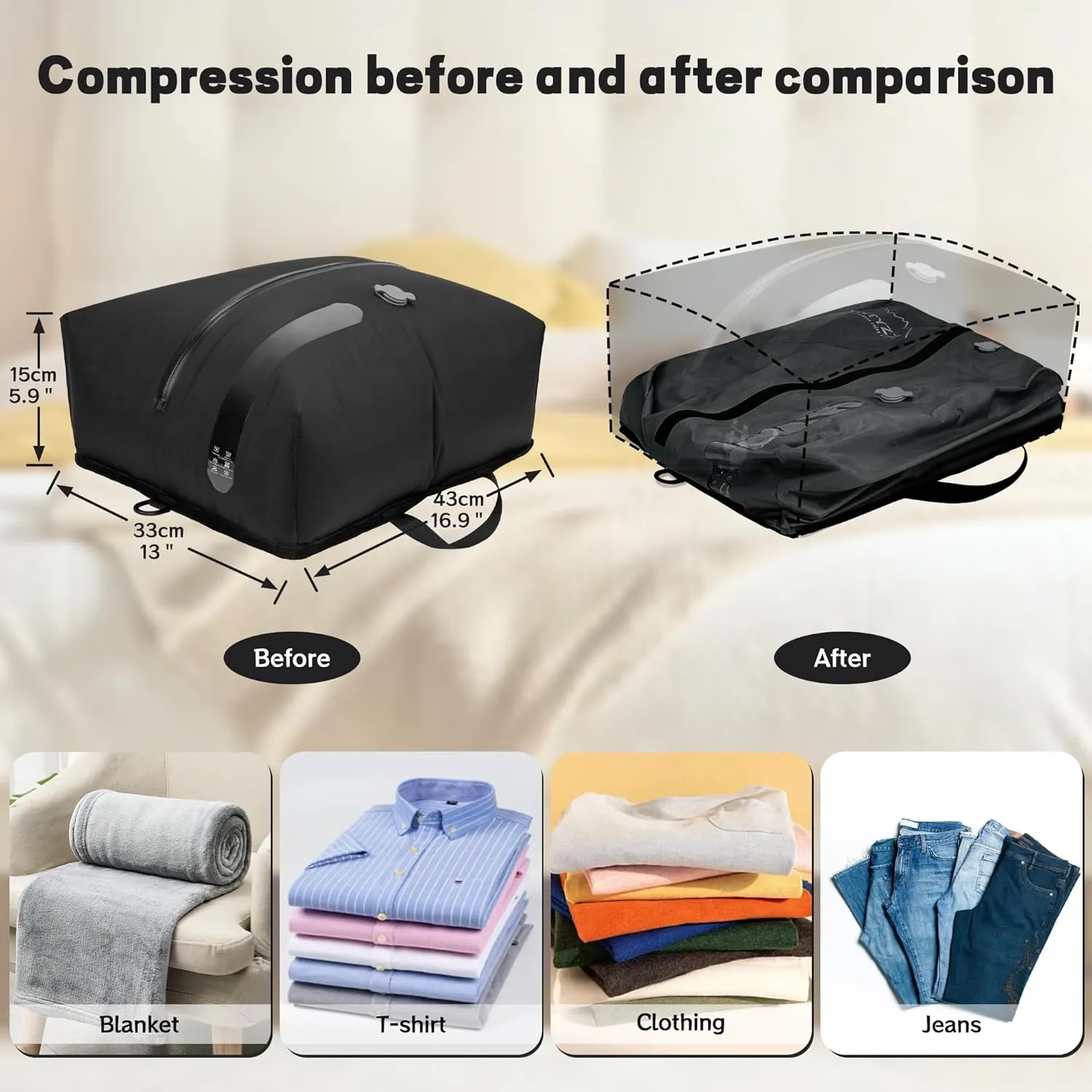ONTYZZ Two Pack Dark Black Travel Vacuum Compression Bags Reusable Compression Bag with IP67 Waterproof Zipper Space Saver Vacuum Bags for Suitcase