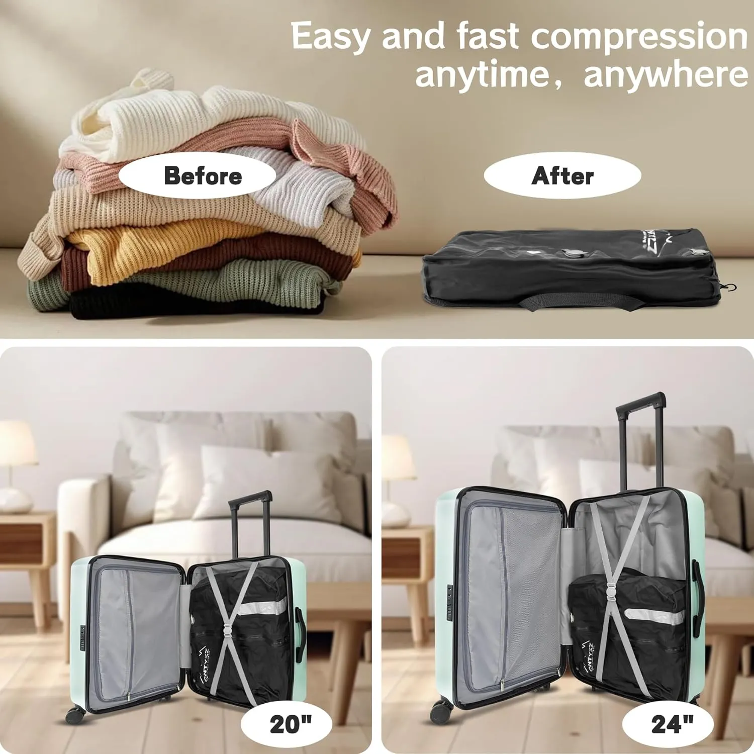 ONTYZZ Two Pack Dark Black Travel Vacuum Compression Bags Reusable Compression Bag with IP67 Waterproof Zipper Space Saver Vacuum Bags for Suitcase