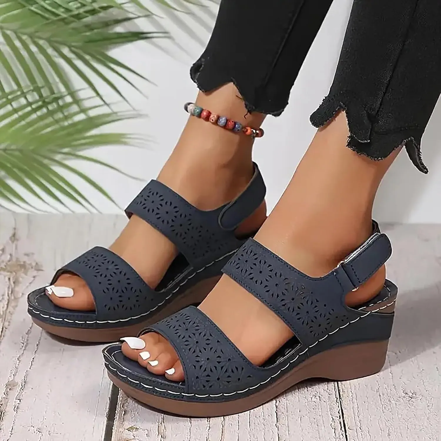 Orthopedic Sandals for Women Wide Width Comfortable Open Toe Crisscross Straps Slip on Wedge Sandals Walking Plantar Fasciitis Slides Beach Shoes