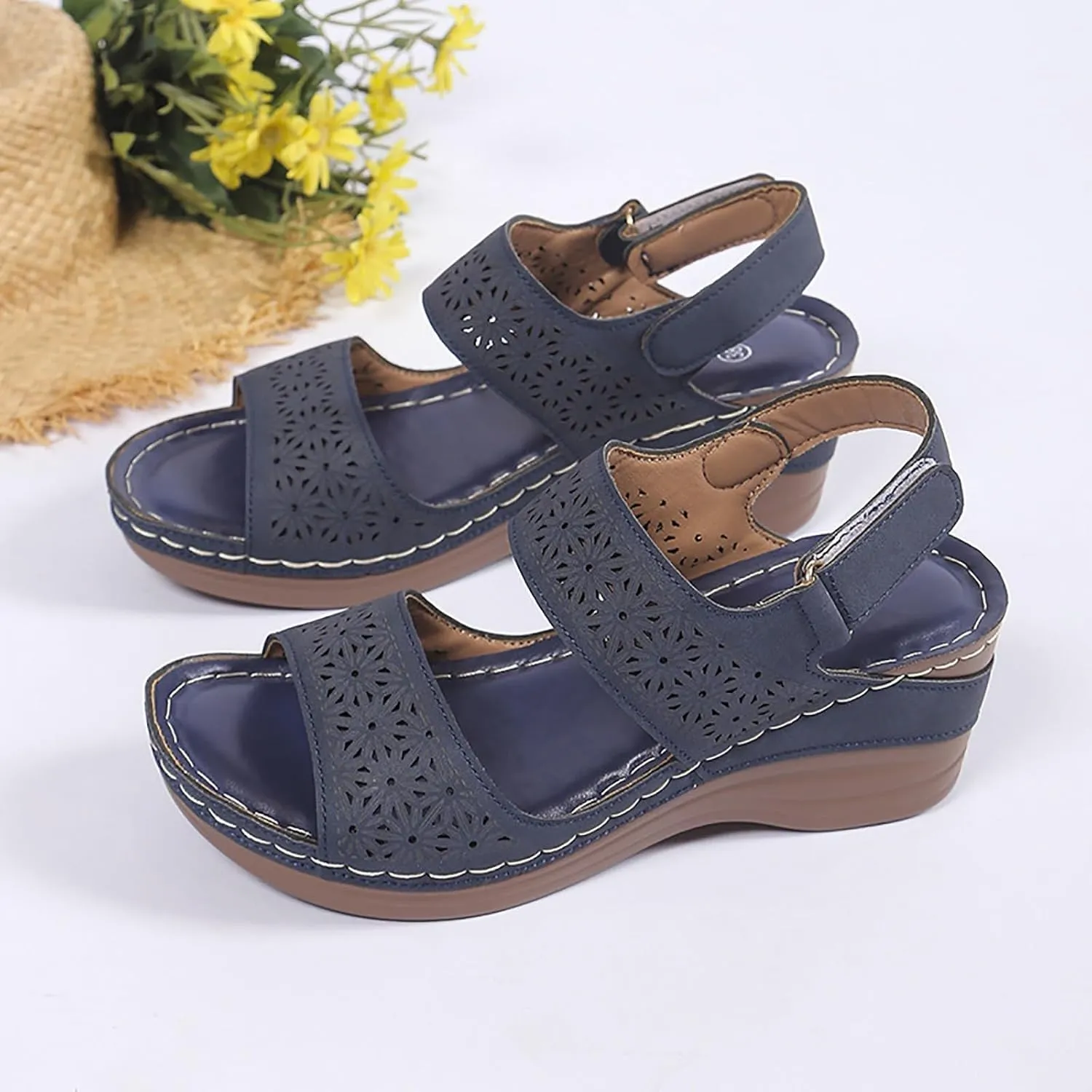 Orthopedic Sandals for Women Wide Width Comfortable Open Toe Crisscross Straps Slip on Wedge Sandals Walking Plantar Fasciitis Slides Beach Shoes