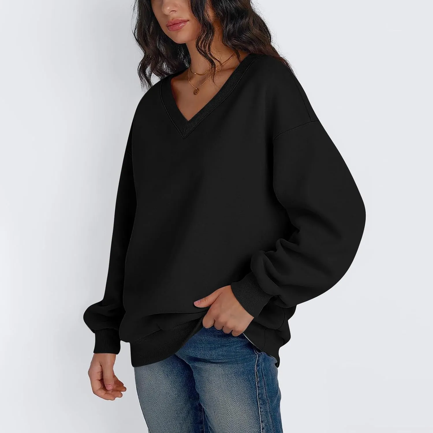 Oversized V Neck Sweatshirt Women Casual Workout Fleece Pullover Sweaters Cute Teen Long Sleeve Sweat Shirts Y2k Tops