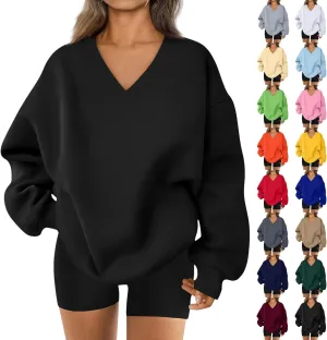 Oversized V Neck Sweatshirt Women Casual Workout Fleece Pullover Sweaters Cute Teen Long Sleeve Sweat Shirts Y2k Tops