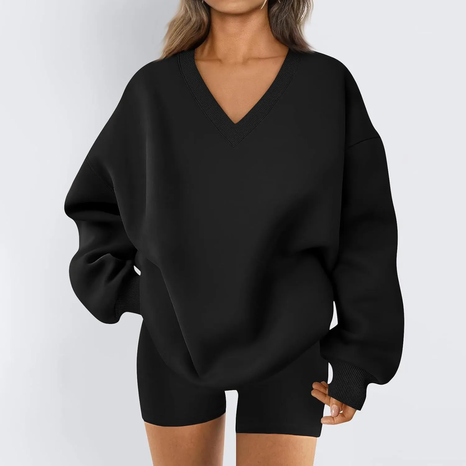 Oversized V Neck Sweatshirt Women Casual Workout Fleece Pullover Sweaters Cute Teen Long Sleeve Sweat Shirts Y2k Tops