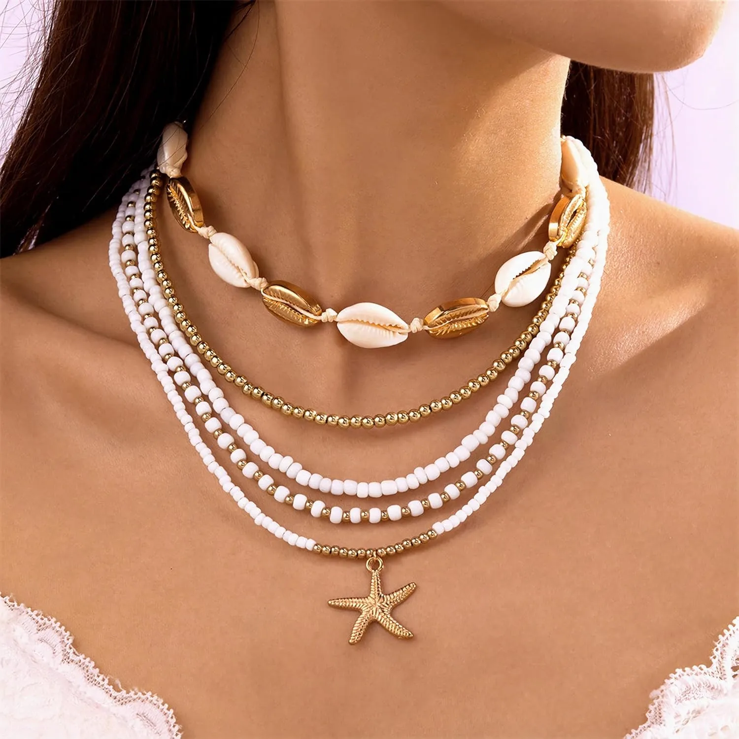 Pack 5 Beach Boho Clay Bead Puka Shell Starfish Choker Necklaces for Women Summer 2025 Layered Necklace for Travel Outfits