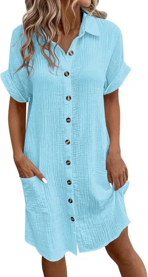 Palaver Summer Dresses for Women 2025 Casual Button Down Short Sleeve Tshirt Dress Boho Vacation Midi Dresses with Pockets