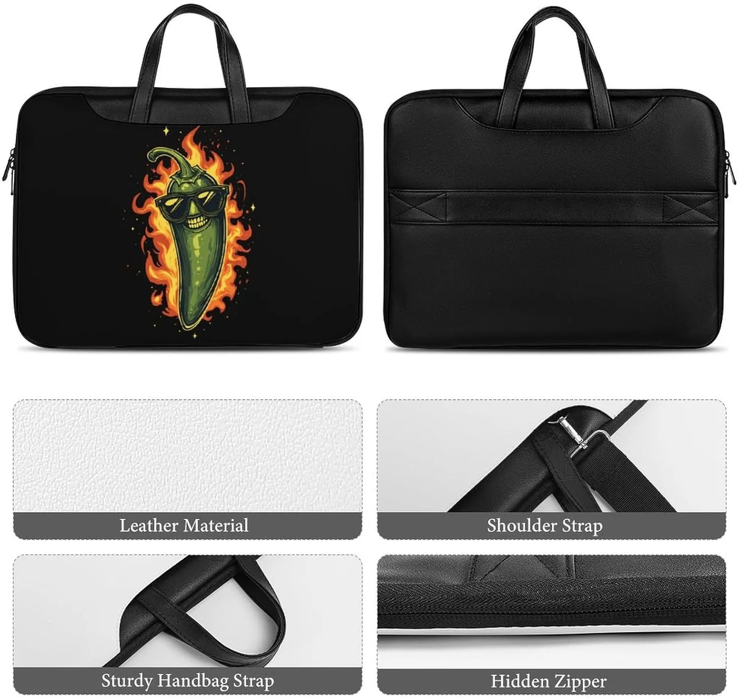 Passionate Peppers with Flame Leather Bag Laptop Case Slim Water Resistant Computer Bags with Handle Briefcase for Work