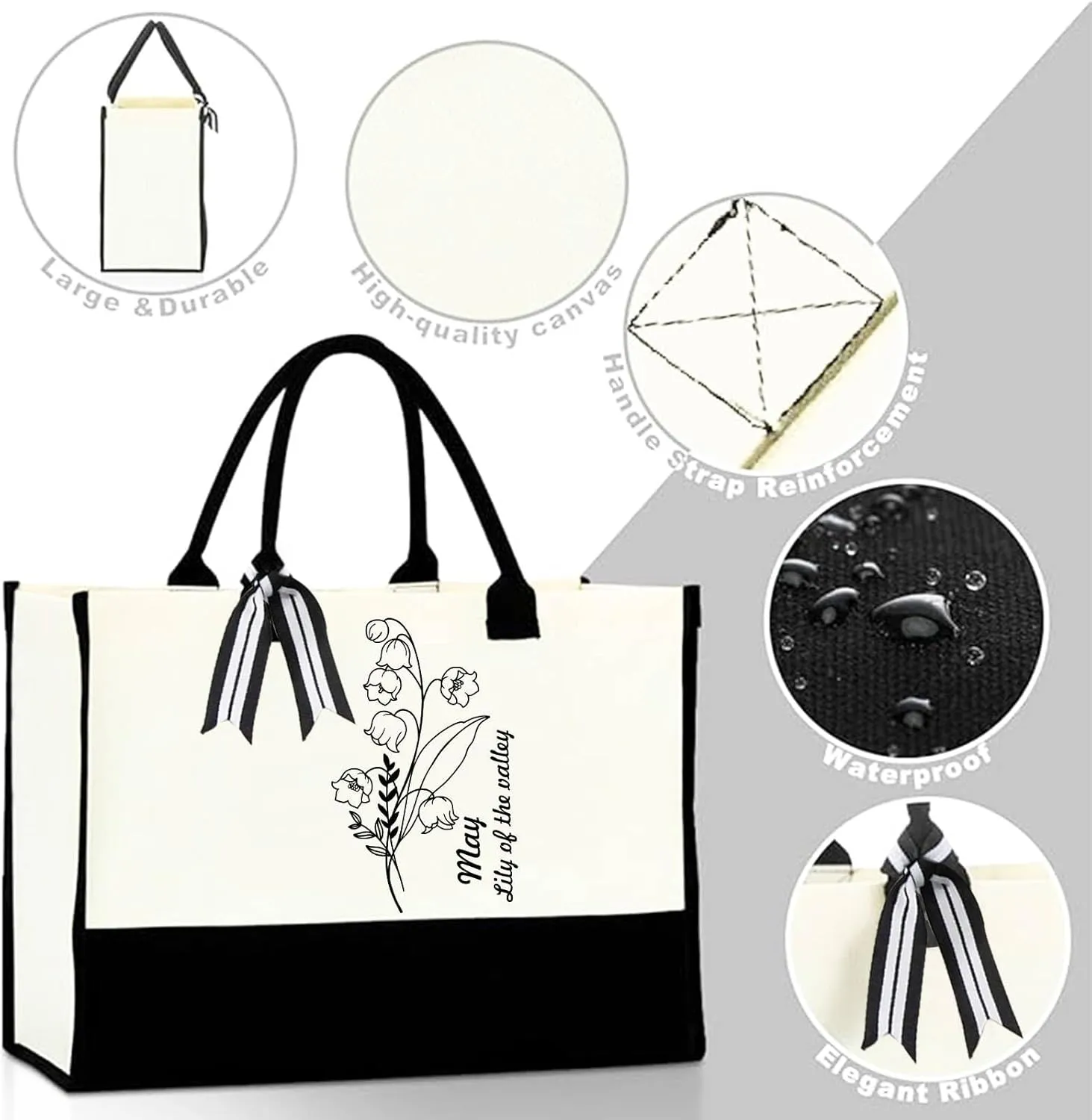 Personalized Birth Month Flower Canvas Tote Bag Birthday Gifts for Women Reusable Canvas Floral Tote Bags