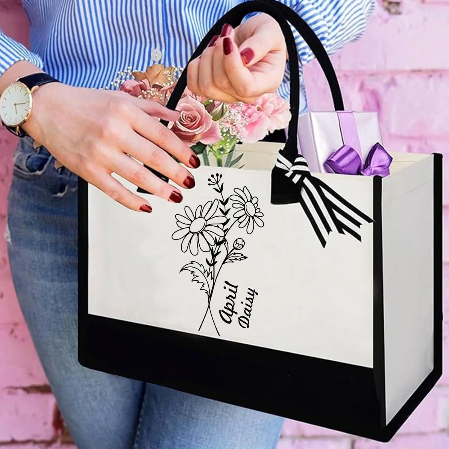 Personalized Birth Month Flower Canvas Tote Bag Birthday Gifts for Women Reusable Canvas Floral Tote Bags
