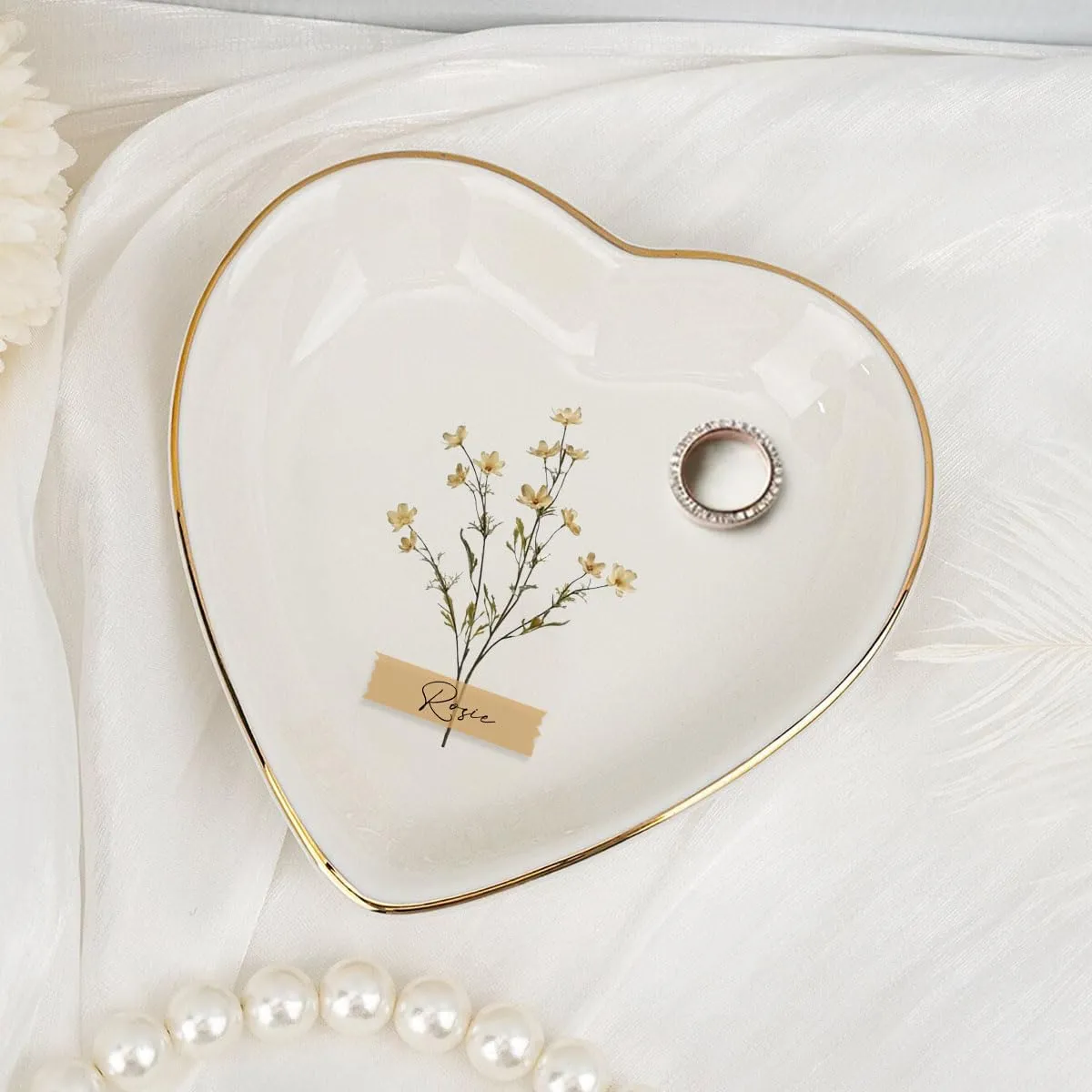 Personalized Heart Jewelry Dish Ring Ceramic Gifts - Jewelry Plate Ring Dish for Friend Bestie - Women Jewelry Tray Engagement Ring Tray Wedding Ring Holder Trinket Dish Flowers