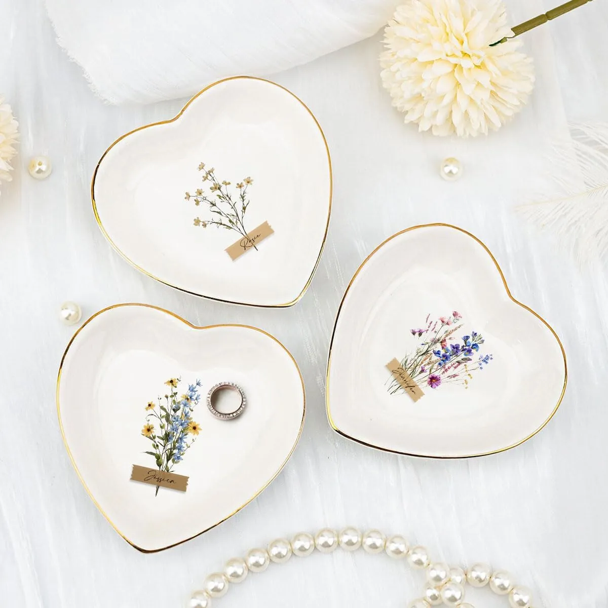 Personalized Heart Jewelry Dish Ring Ceramic Gifts - Jewelry Plate Ring Dish for Friend Bestie - Women Jewelry Tray Engagement Ring Tray Wedding Ring Holder Trinket Dish Flowers
