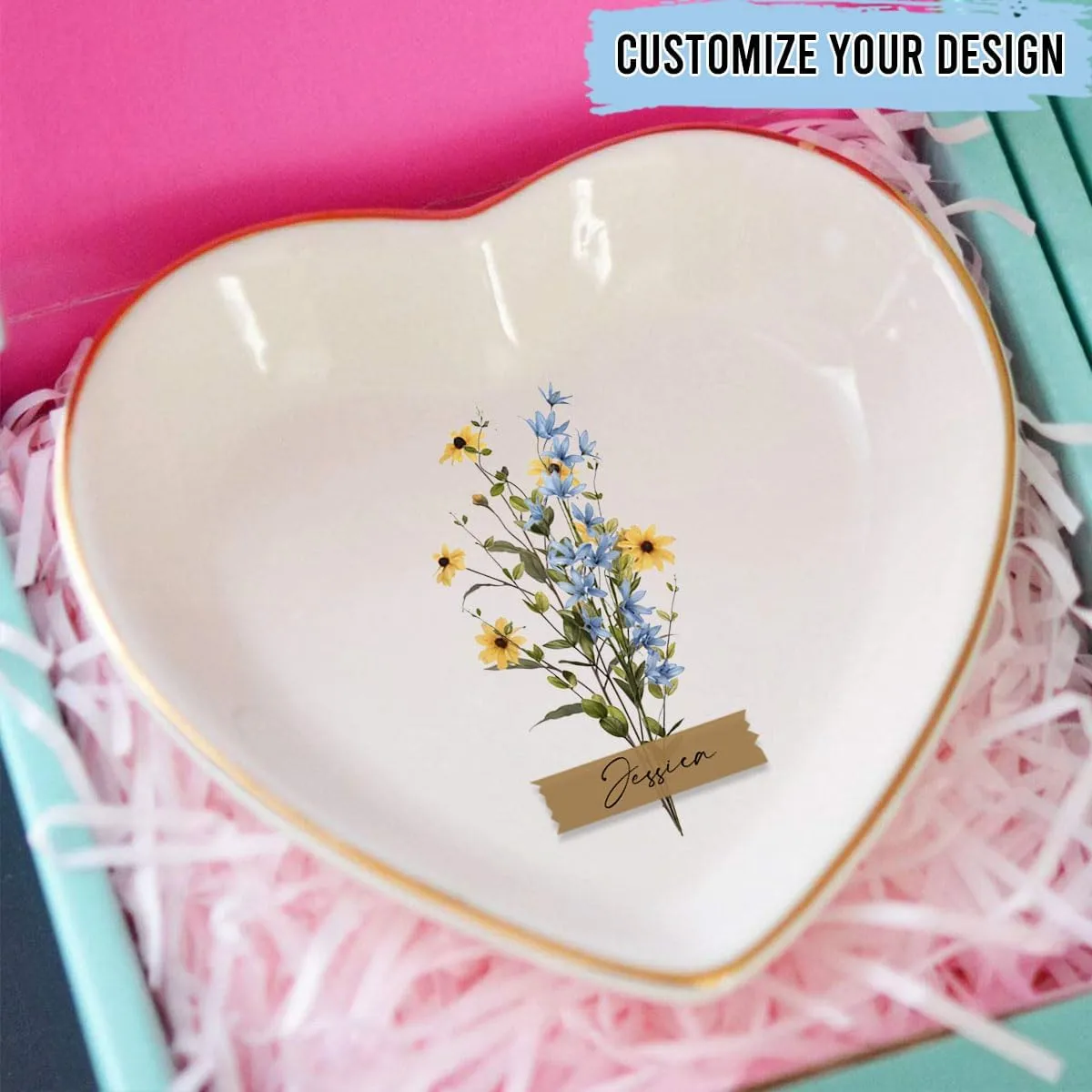 Personalized Heart Jewelry Dish Ring Ceramic Gifts - Jewelry Plate Ring Dish for Friend Bestie - Women Jewelry Tray Engagement Ring Tray Wedding Ring Holder Trinket Dish Flowers